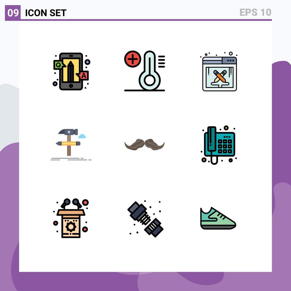 Editable Vector Line Pack of 9 Simple Filledline Flat Colors of moustache tool design develop build Editable Vector Design Elements
