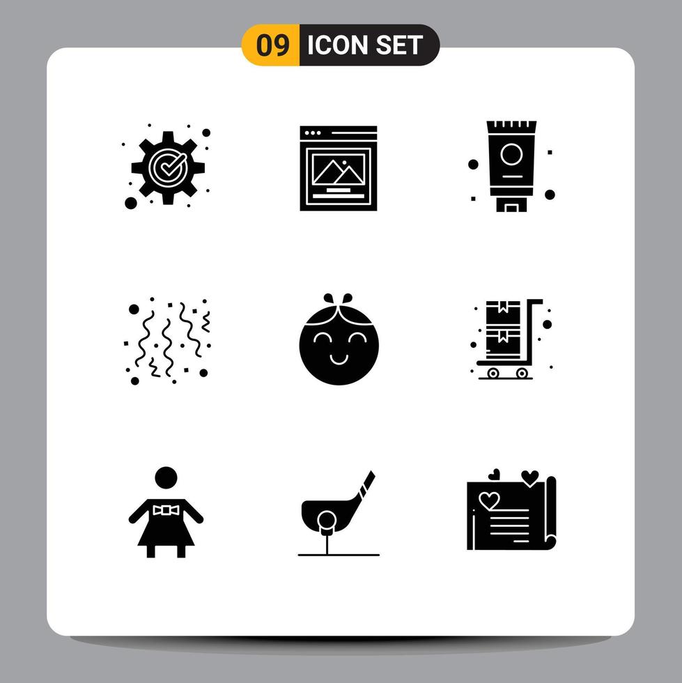 Pack of 9 creative Solid Glyphs of shopping child bathroom baby confetti Editable Vector Design Elements