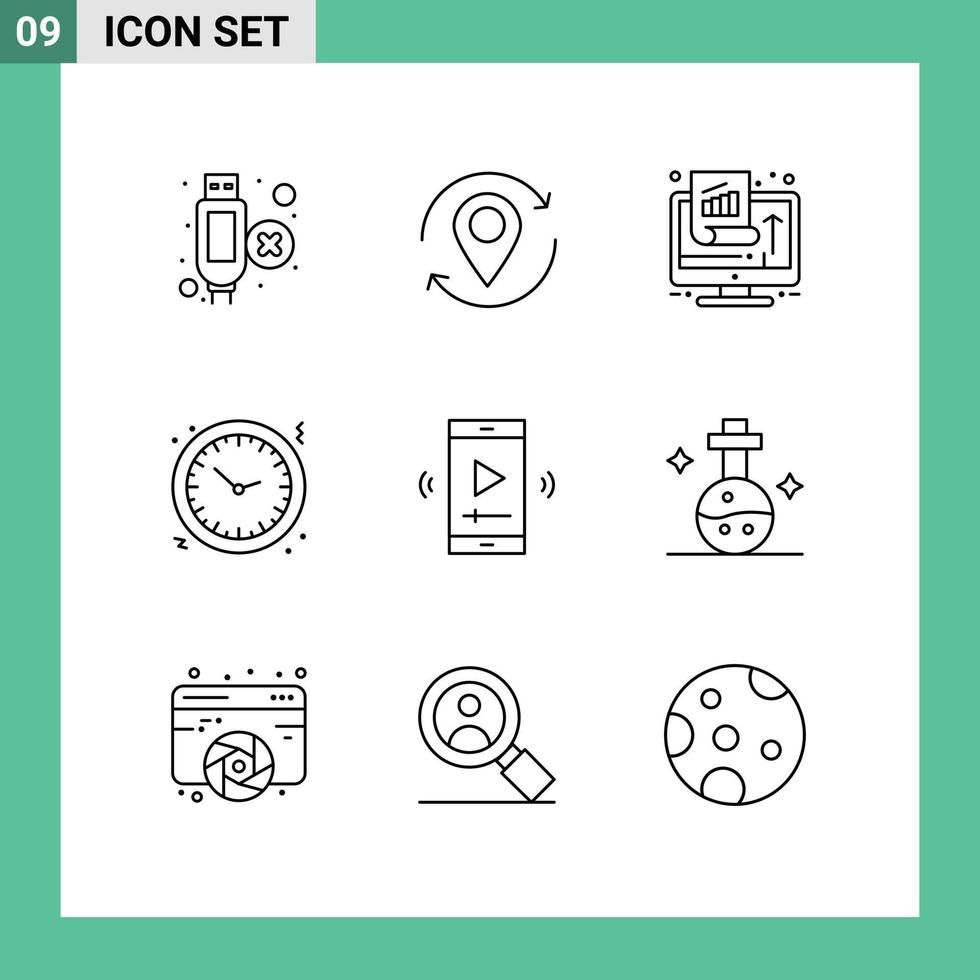 conjunto de pictogramas de 9 contornos simples de reloj gráfico de vacaciones reloj éxito elementos de diseño vectorial editables vector