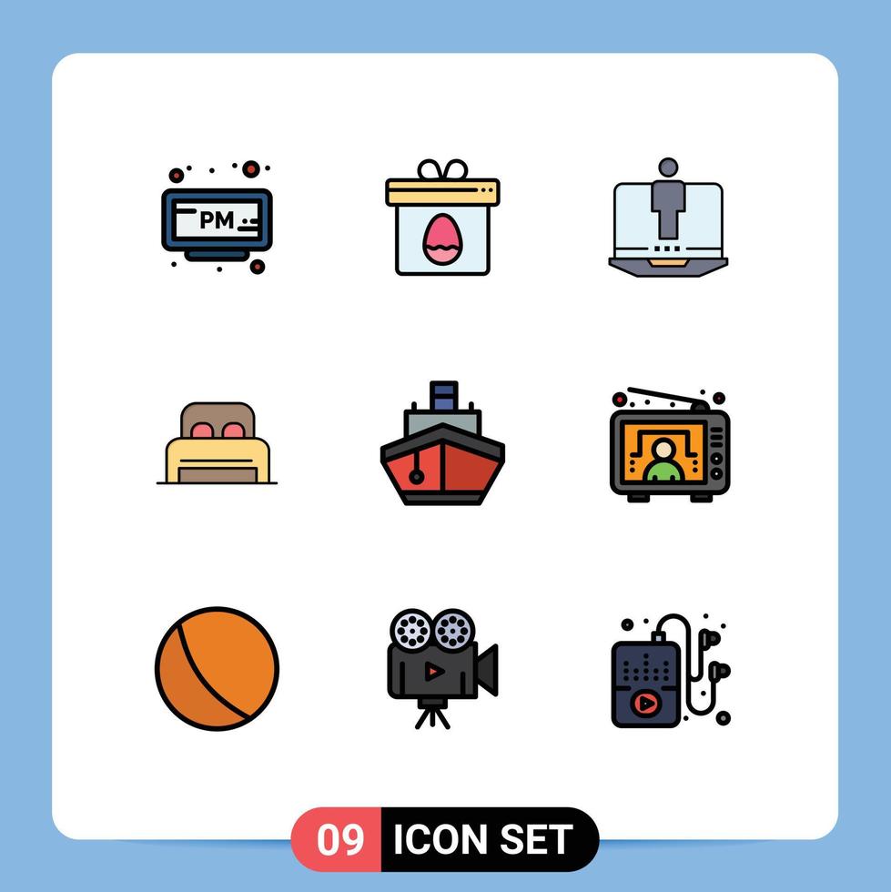 Group of 9 Modern Filledline Flat Colors Set for ship hotel laptop room bed Editable Vector Design Elements