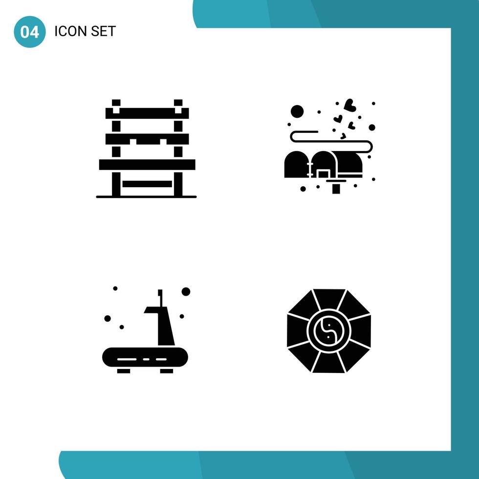 Mobile Interface Solid Glyph Set of 4 Pictograms of chair gym waiting love treadmill Editable Vector Design Elements