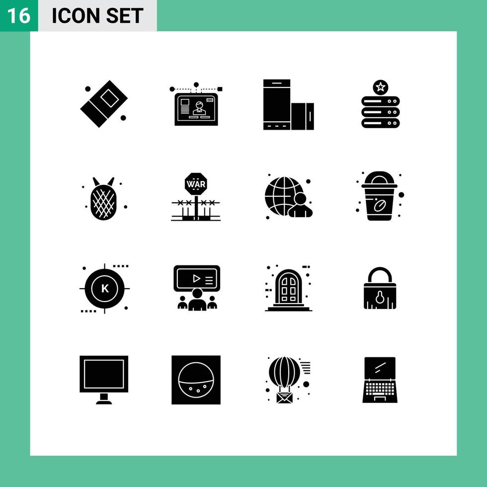 Set of 16 Vector Solid Glyphs on Grid for amanas server device data storage smartphone Editable Vector Design Elements