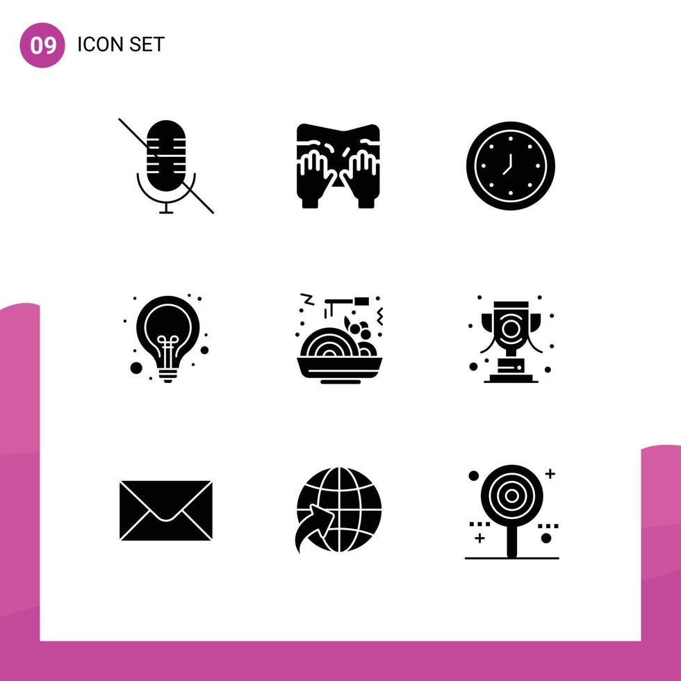 Group of 9 Solid Glyphs Signs and Symbols for chinese food seo alert lamp bulb Editable Vector Design Elements