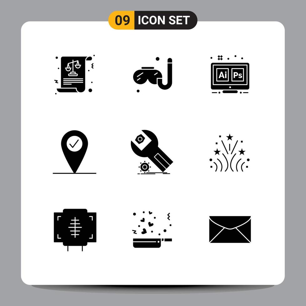 9 User Interface Solid Glyph Pack of modern Signs and Symbols of maintenance app hex settings check in Editable Vector Design Elements