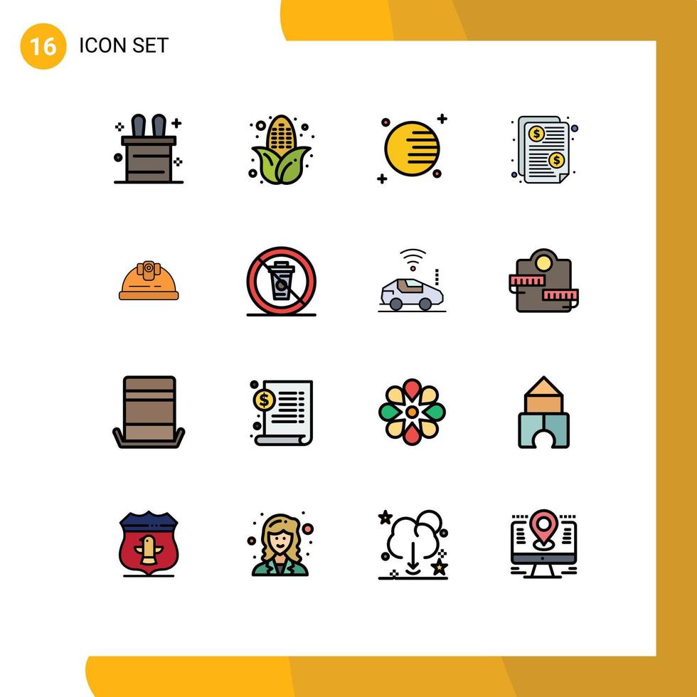 grupo de 16 líneas rellenas de color plano, signos y símbolos para la construcción de dietas, construcción de facturas, casco, elementos de diseño de vectores creativos editables