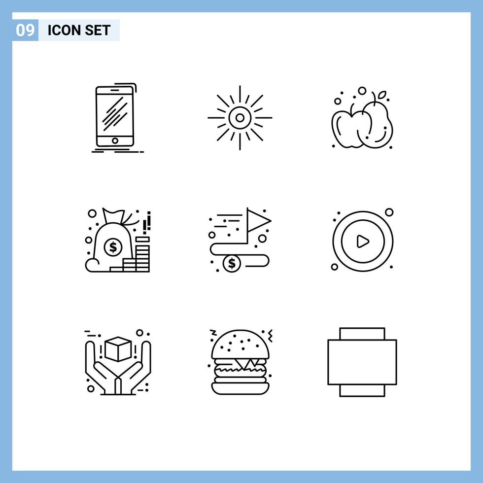 Set of 9 Modern UI Icons Symbols Signs for saving management brightness bag apple Editable Vector Design Elements