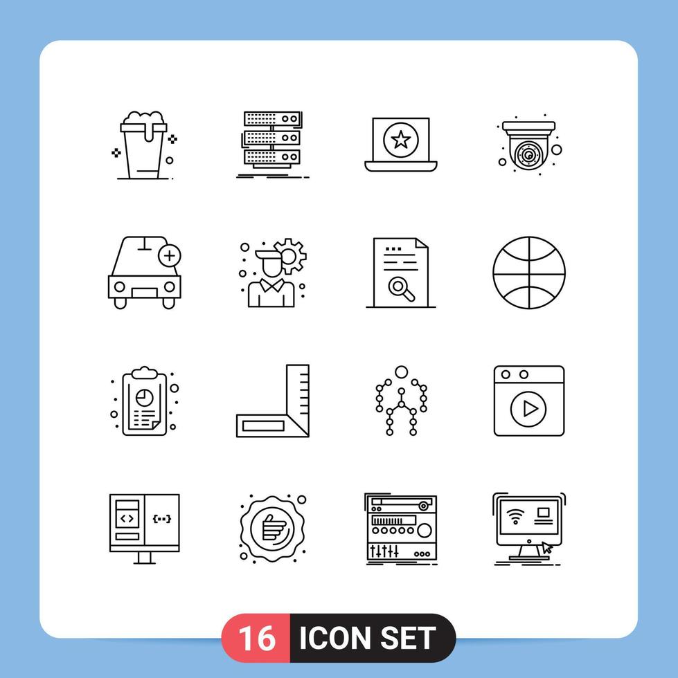 conjunto moderno de 16 contornos y símbolos, como agregar elementos de diseño de vectores editables de estrellas cctv de datos de seguridad
