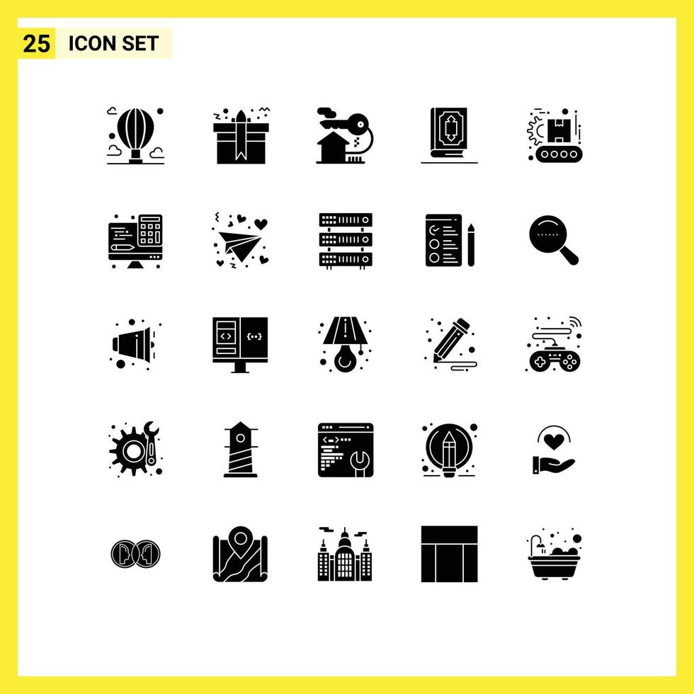Set of 25 Vector Solid Glyphs on Grid for ramadhan book present quran real estate Editable Vector Design Elements