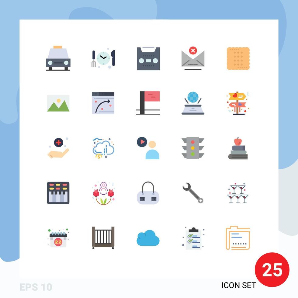 25 User Interface Flat Color Pack of modern Signs and Symbols of cooking email audio close block Editable Vector Design Elements