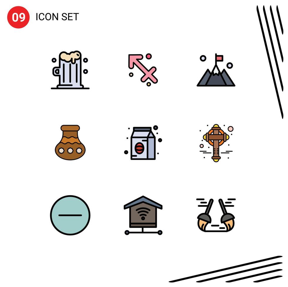 9 Thematic Vector Filledline Flat Colors and Editable Symbols of coffee festival interface pongal sand Editable Vector Design Elements