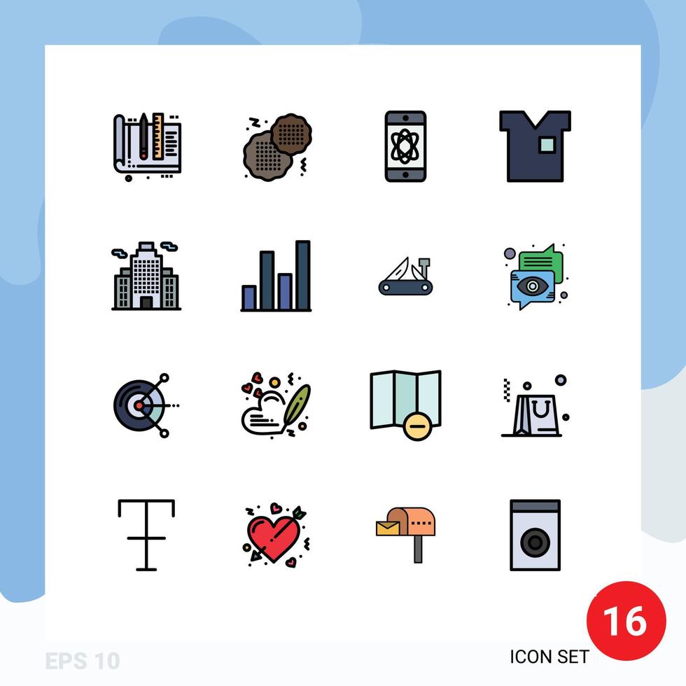 16 User Interface Flat Color Filled Line Pack of modern Signs and Symbols of building shirt atom fashion clothes Editable Creative Vector Design Elements