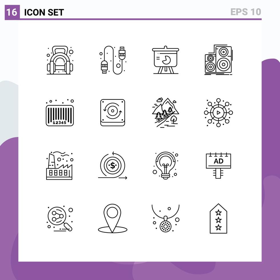 Universal Icon Symbols Group of 16 Modern Outlines of studio monitor chart hifi graph Editable Vector Design Elements