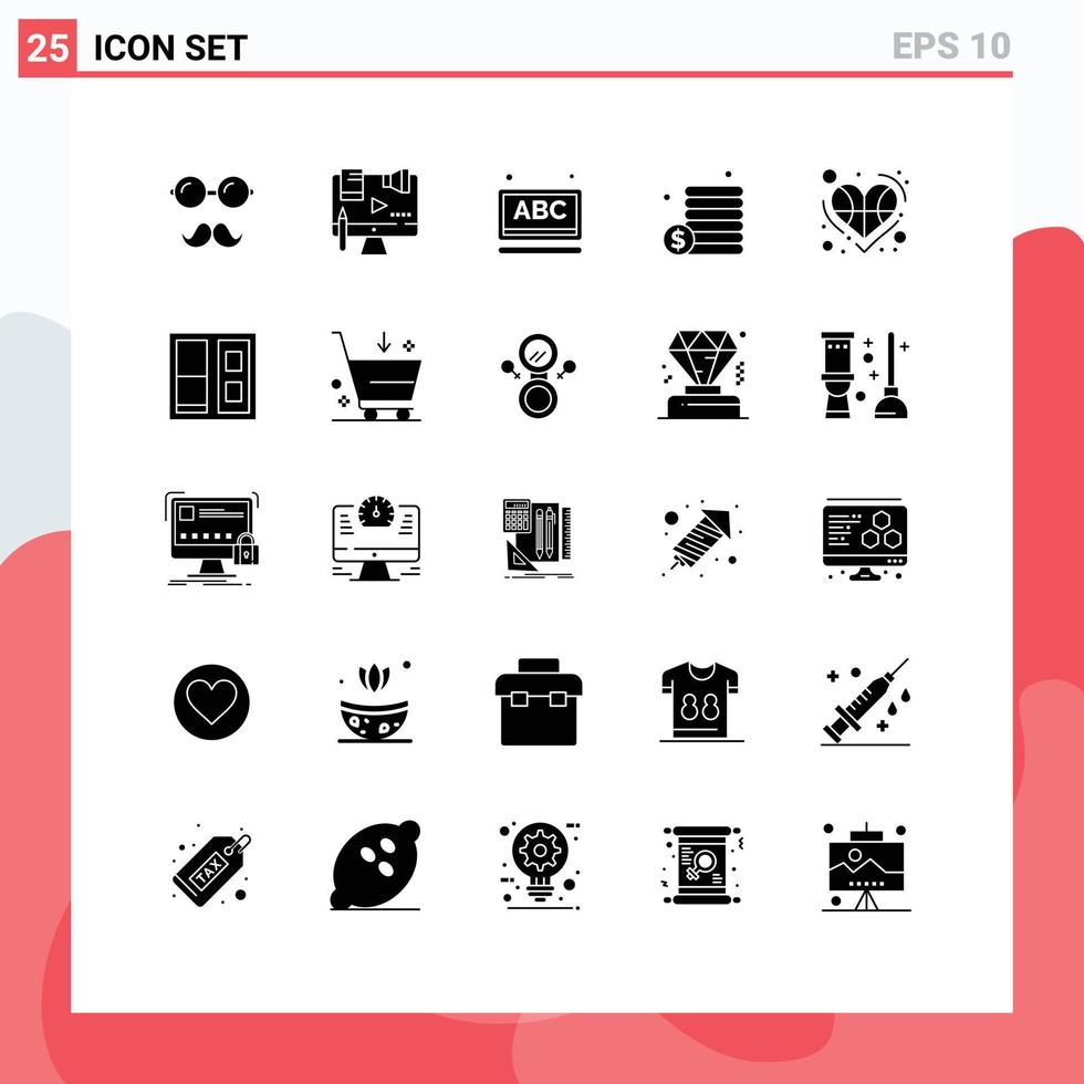 Pack of 25 Modern Solid Glyphs Signs and Symbols for Web Print Media such as basketball money law coins school Editable Vector Design Elements