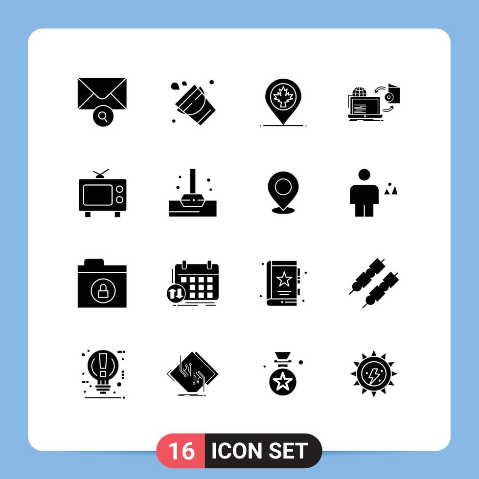 Group of 16 Modern Solid Glyphs Set for television publishing location publish online Editable Vector Design Elements