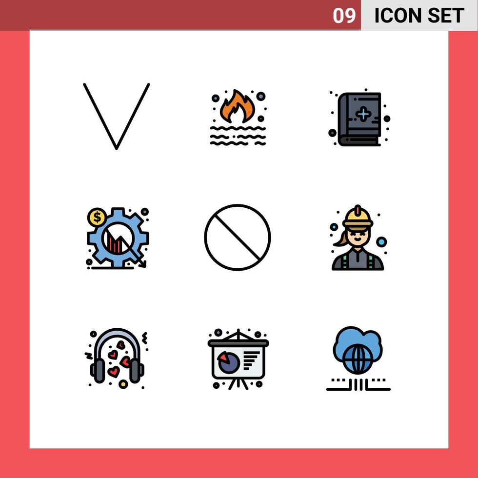 9 símbolos de signos de color plano de línea de llenado universal de elementos de diseño de vector editables de negocio de engranaje de libro de ajuste prohibido