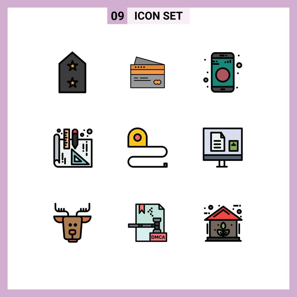 Pack of 9 Modern Filledline Flat Colors Signs and Symbols for Web Print Media such as interior design sign credit share bluetooth Editable Vector Design Elements