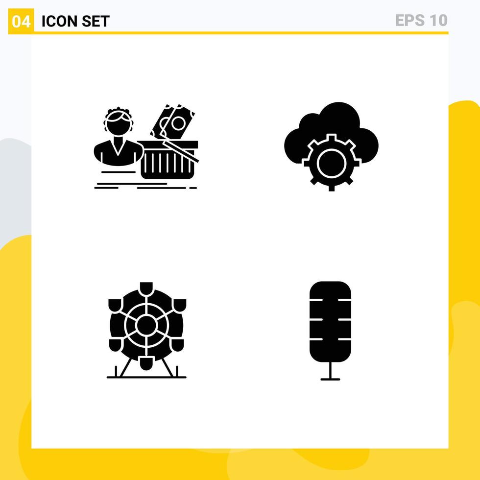 paquete de 4 signos y símbolos de glifos sólidos modernos para medios de impresión web, como la configuración de salarios, elementos de diseño de vectores editables del parque de nubes de compras