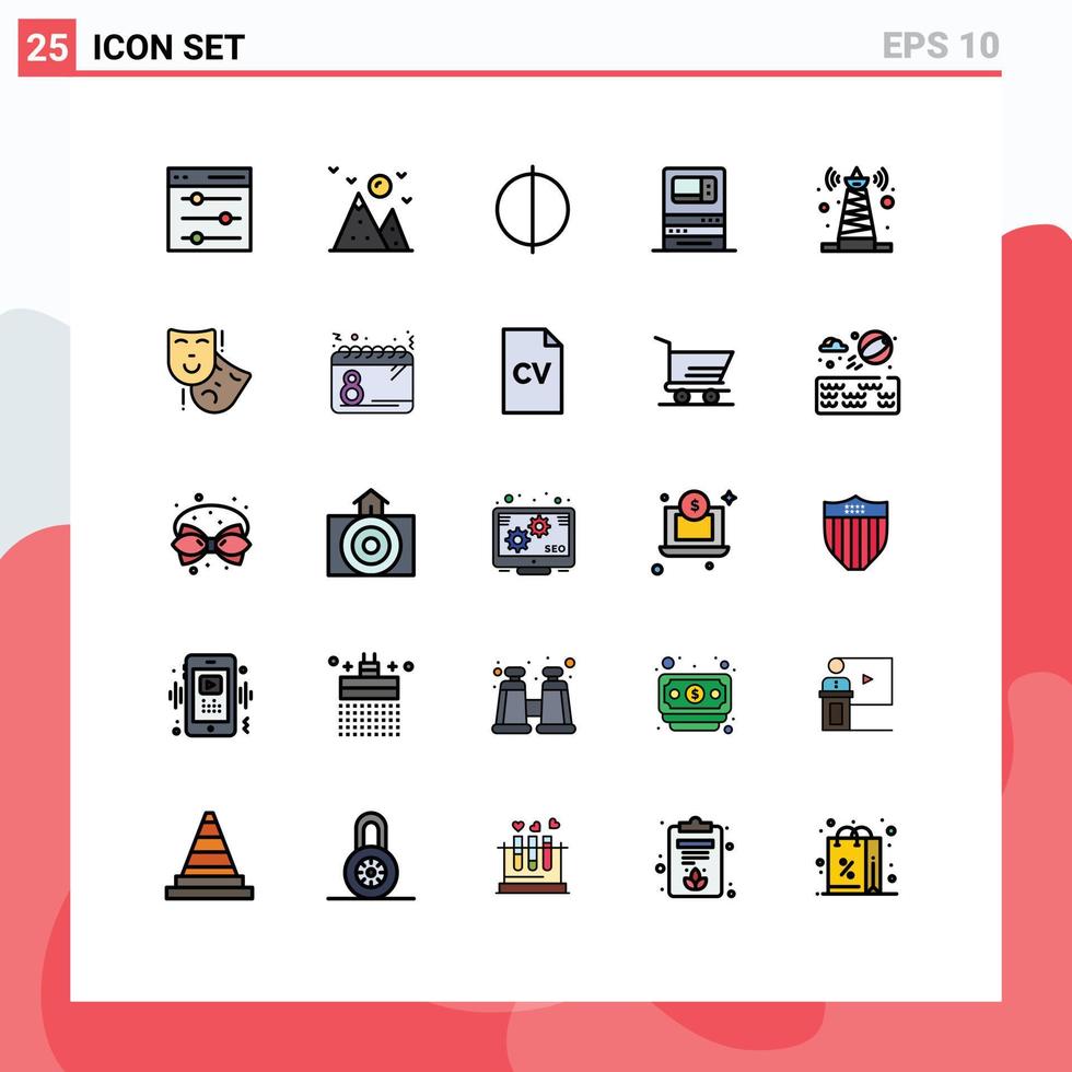 Set of 25 Vector Filled line Flat Colors on Grid for technology withdraw antialiasing money bank Editable Vector Design Elements