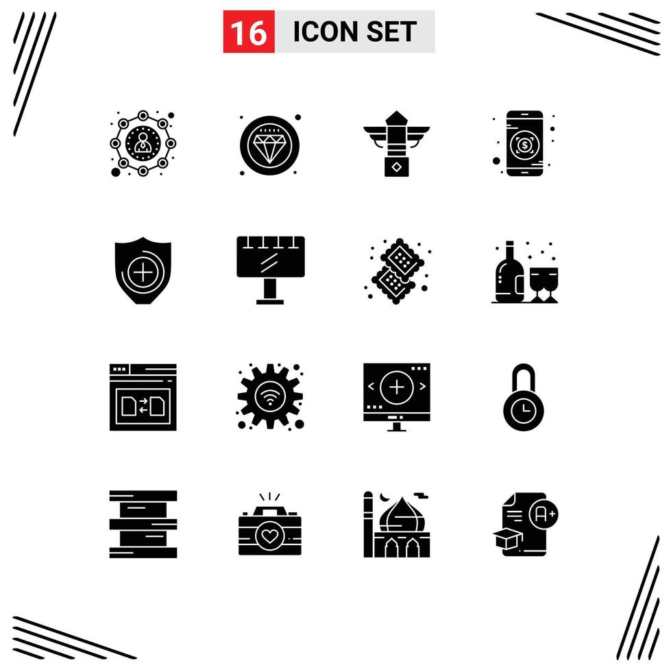 Pictogram Set of 16 Simple Solid Glyphs of shield medical street mobile banking Editable Vector Design Elements