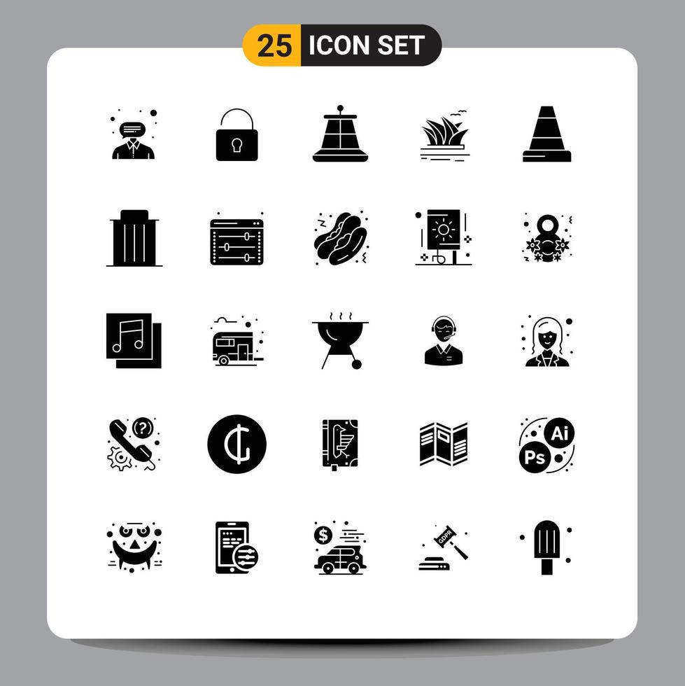 Universal Icon Symbols Group of 25 Modern Solid Glyphs of traffic cone marine sydney harbour Editable Vector Design Elements