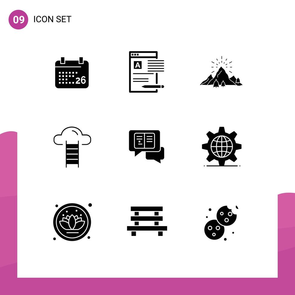 9 Thematic Vector Solid Glyphs and Editable Symbols of interface cloud report stair mountain Editable Vector Design Elements