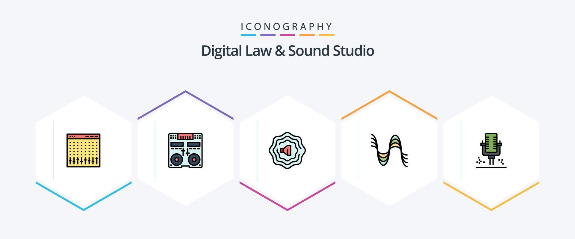 Digital Law And Sound Studio 25 FilledLine icon pack including microphone. sound. mixer. pressure. hertz vector