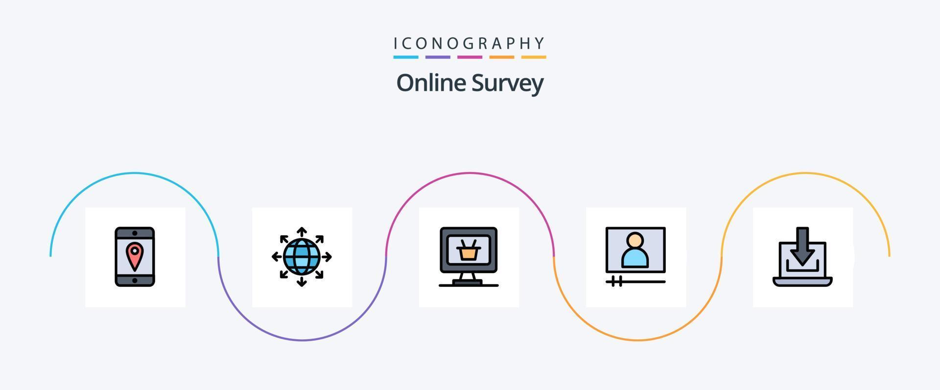 Online Survey Line Filled Flat 5 Icon Pack Including download. arrow. business. laptop. video p vector