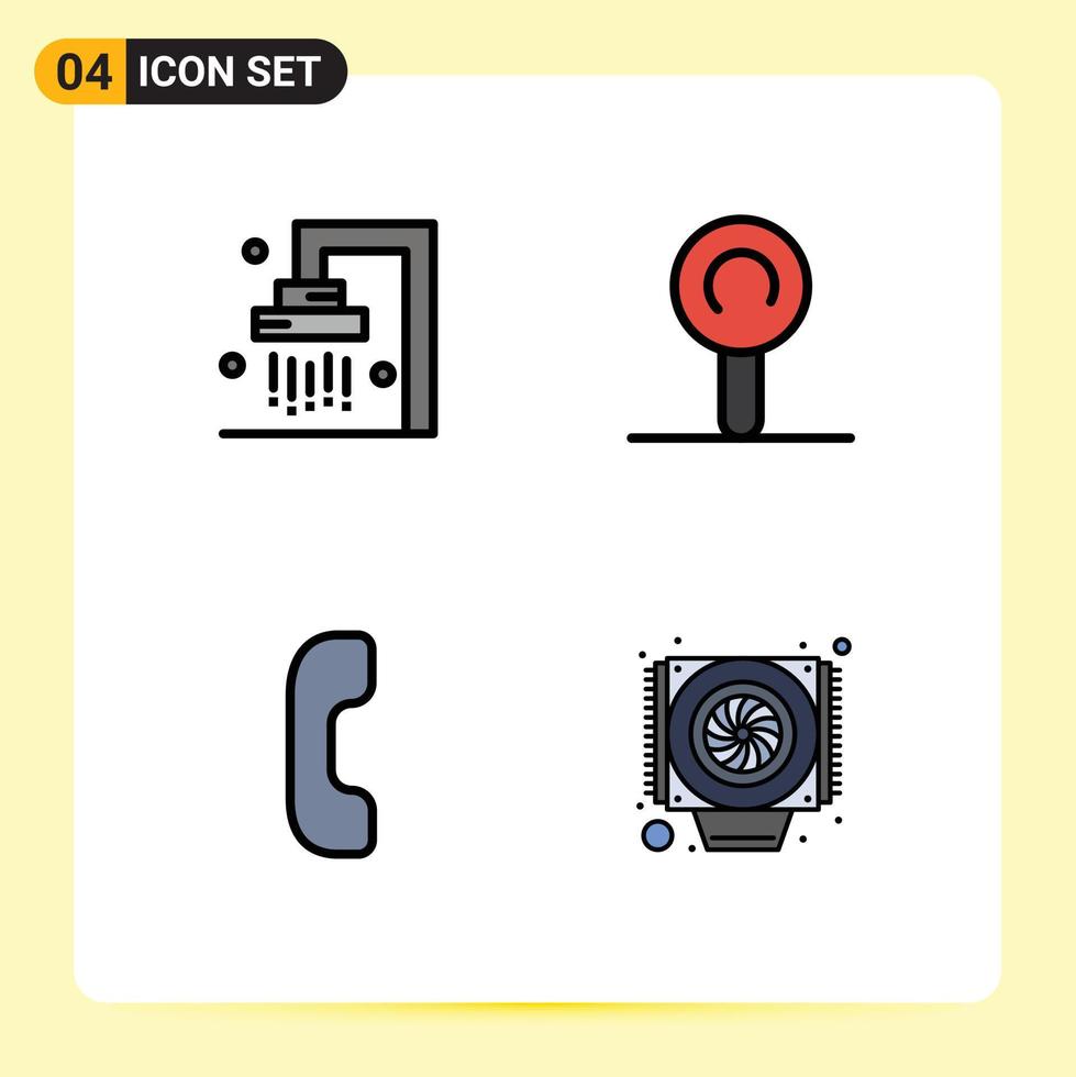 conjunto moderno de 4 pictogramas de colores planos de línea de relleno de elementos de diseño vectorial editables del ventilador de respuesta de la ducha de la computadora del baño vector