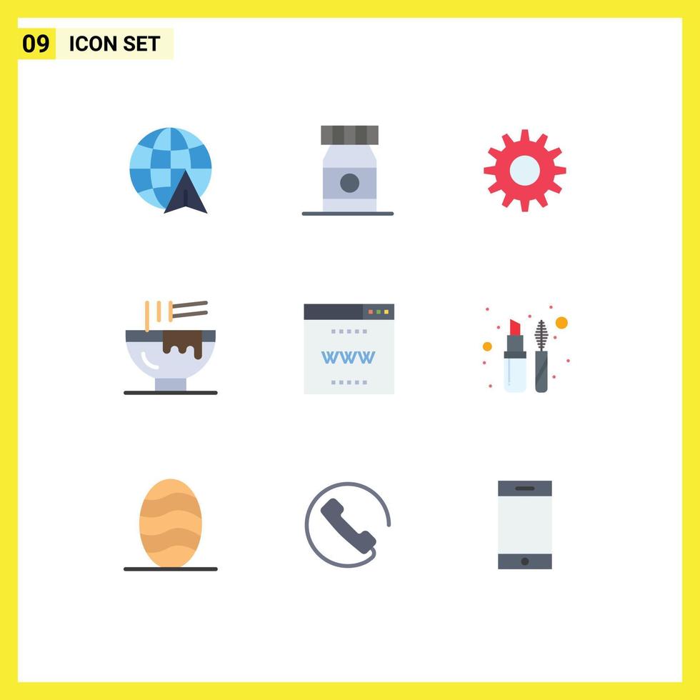 Mobile Interface Flat Color Set of 9 Pictograms of site online setting internet food Editable Vector Design Elements