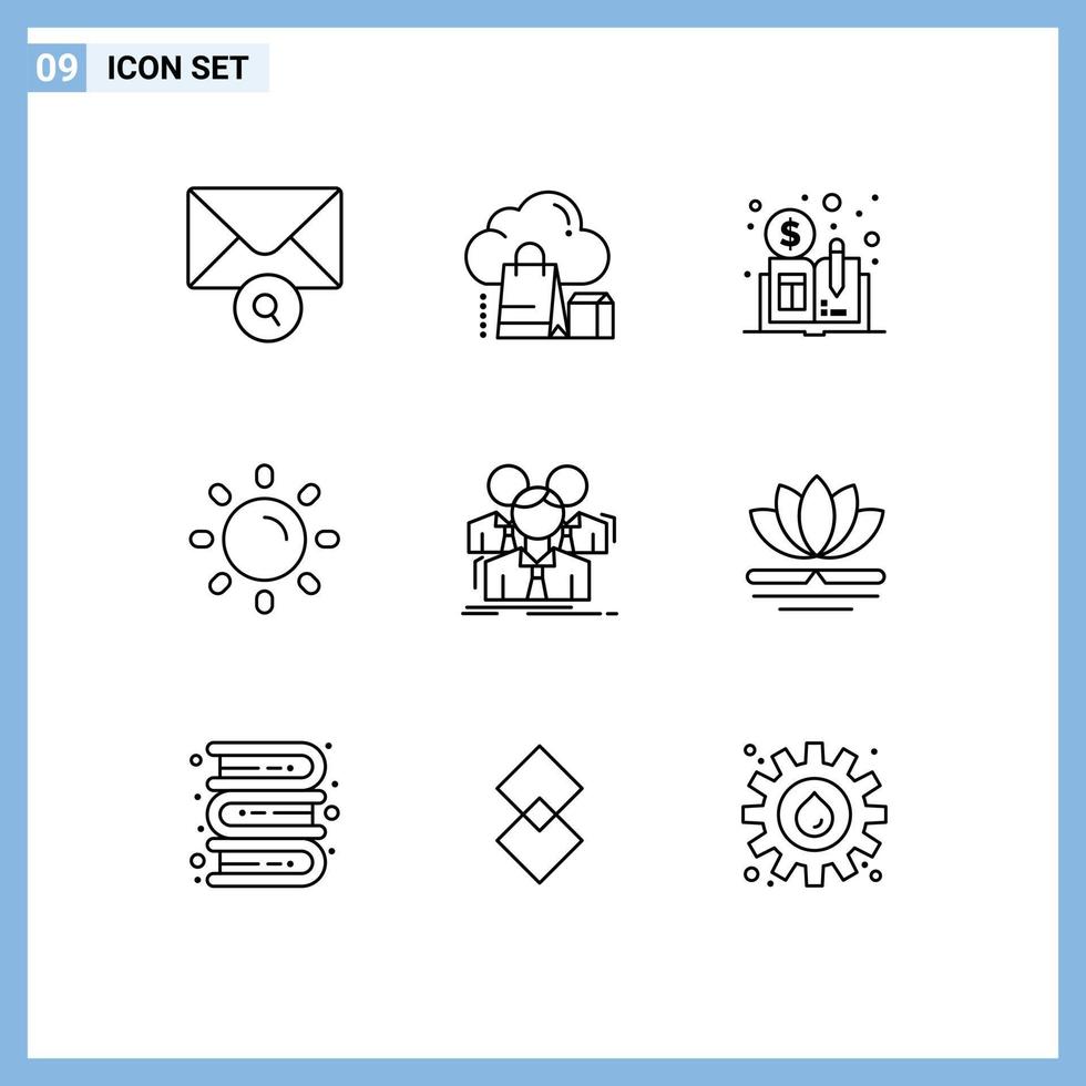 Editable Vector Line Pack of 9 Simple Outlines of business team cryptocurrency shine light Editable Vector Design Elements
