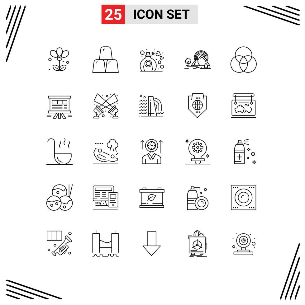 25 User Interface Line Pack of modern Signs and Symbols of circles nature gift landscape mountain Editable Vector Design Elements