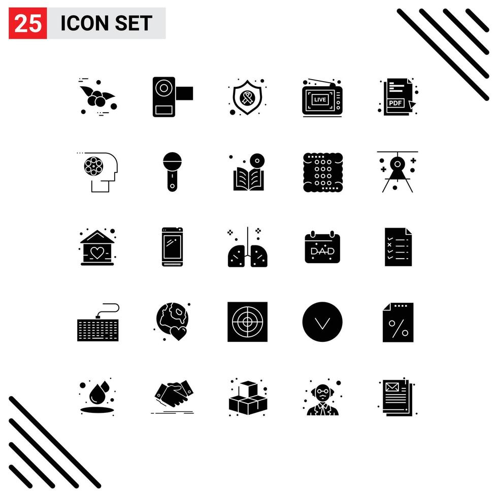 Group of 25 Solid Glyphs Signs and Symbols for pdf document video arrow show broadcast Editable Vector Design Elements
