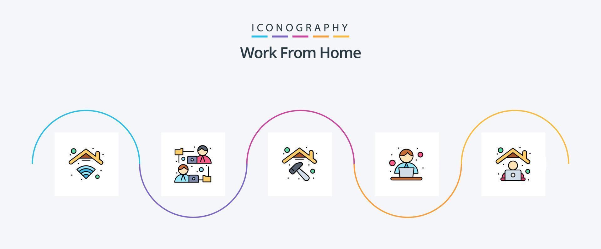 Work From Home Line Filled Flat 5 Icon Pack Including office. employee. construction. working. routine vector