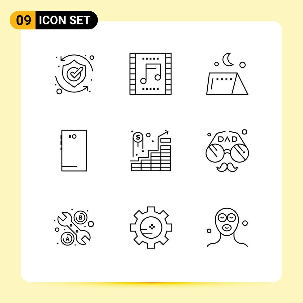 Mobile Interface Outline Set of 9 Pictograms of camera smart phone music concert phone tent Editable Vector Design Elements