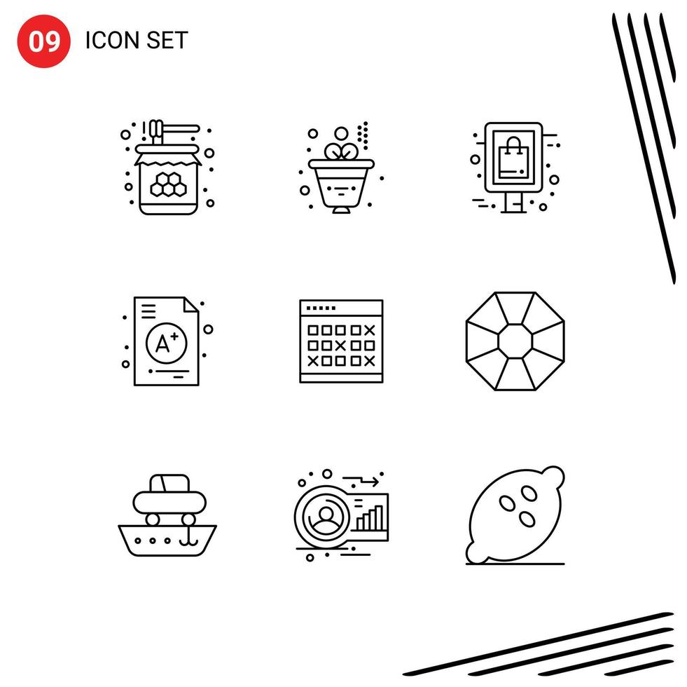 Set of 9 Vector Outlines on Grid for date school shopping education a Editable Vector Design Elements
