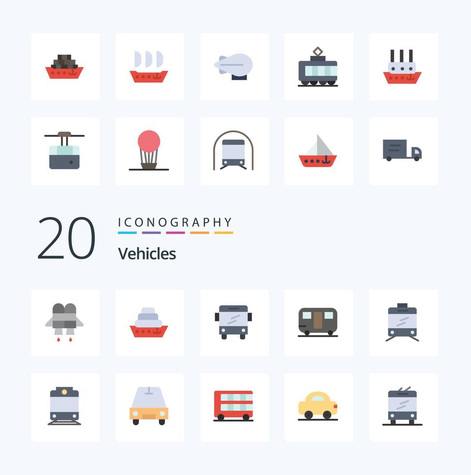 20 Vehicles Flat Color icon Pack like passenger transport caravan railway tramway vector