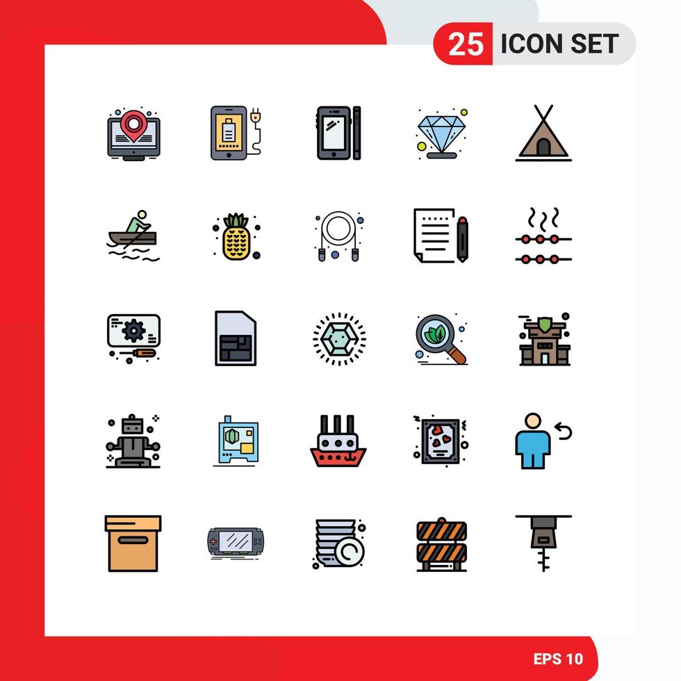 25 User Interface Filled line Flat Color Pack of modern Signs and Symbols of tent holidays smart phone value diamond Editable Vector Design Elements