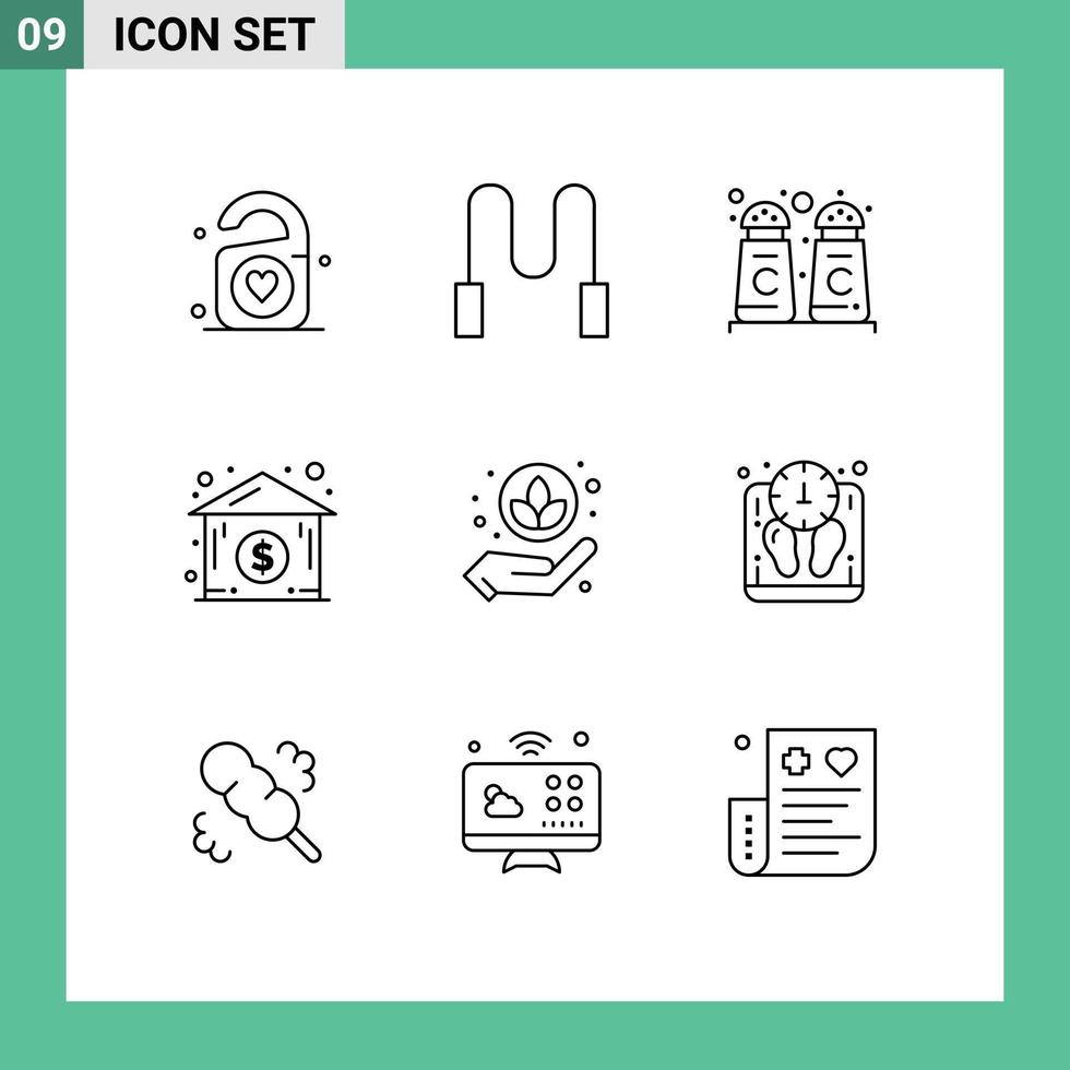 paquete de iconos de vector de stock de 9 signos y símbolos de línea para elementos de diseño de vector editables de bienes raíces de cuidado de café de canela de loto en masa