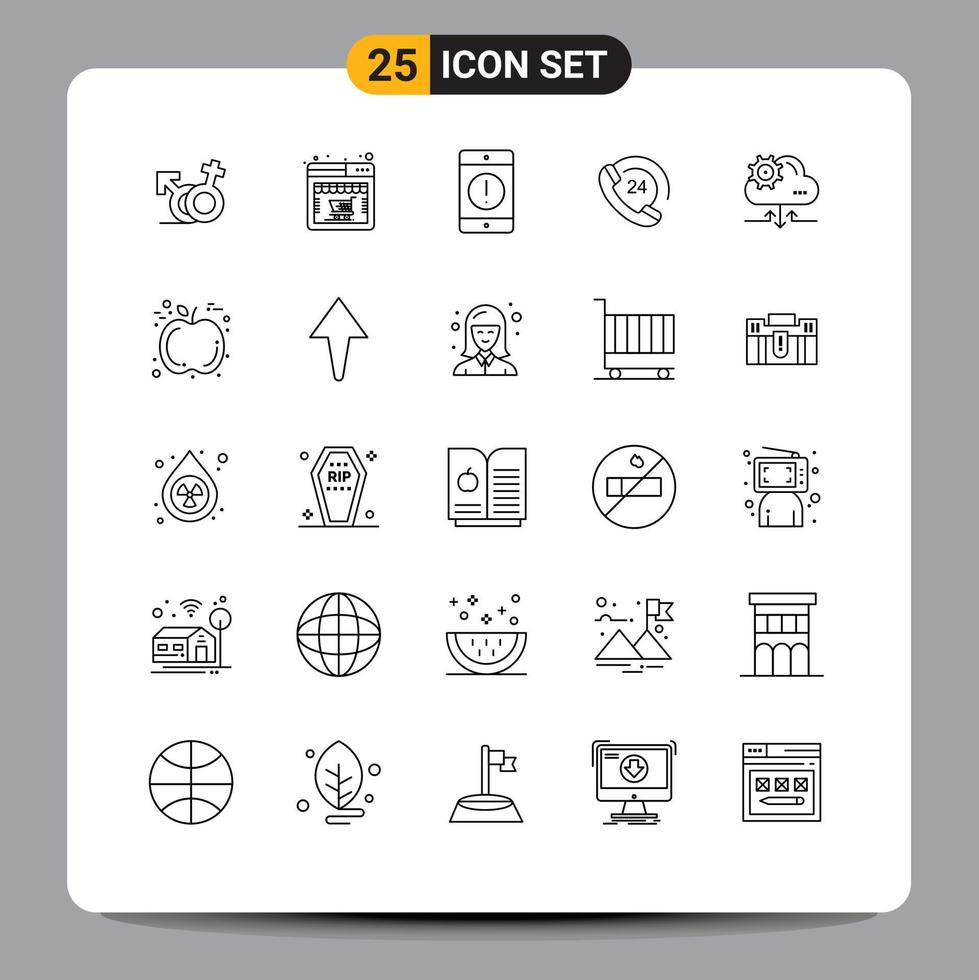 Pack of 25 Modern Lines Signs and Symbols for Web Print Media such as cloud phone alert communication phone Editable Vector Design Elements