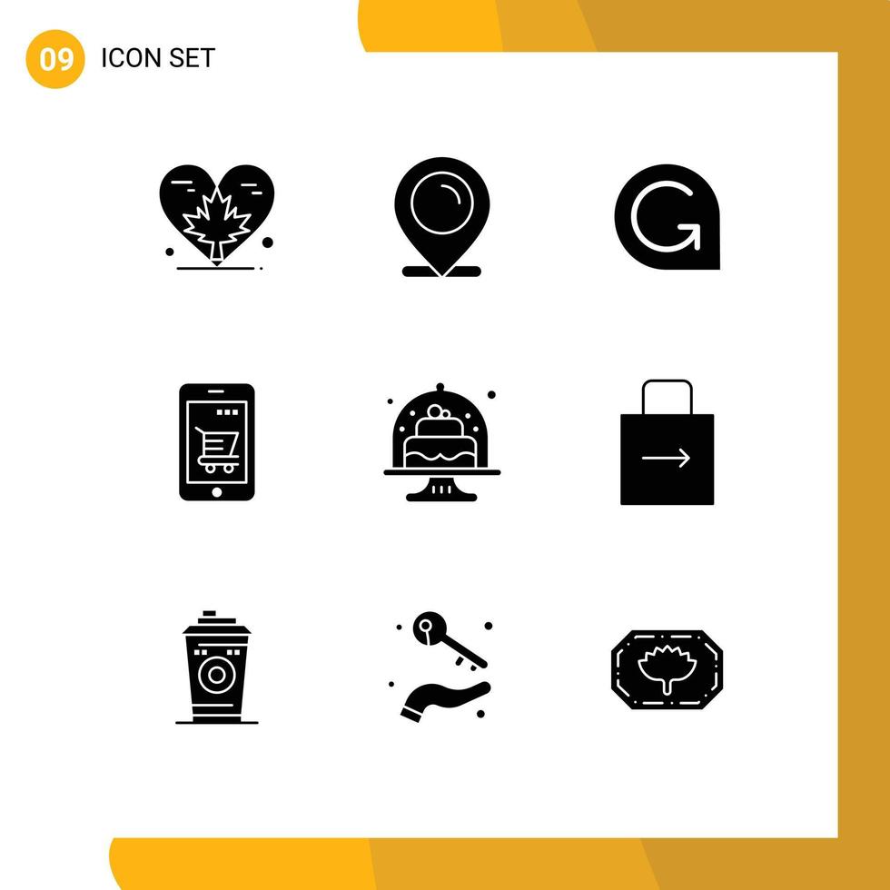 9 Thematic Vector Solid Glyphs and Editable Symbols of basket mobile shopping device crypto currency Editable Vector Design Elements