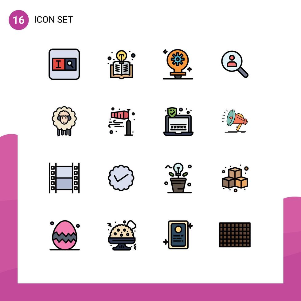 16 Thematic Vector Flat Color Filled Lines and Editable Symbols of lamb search light people find Editable Creative Vector Design Elements