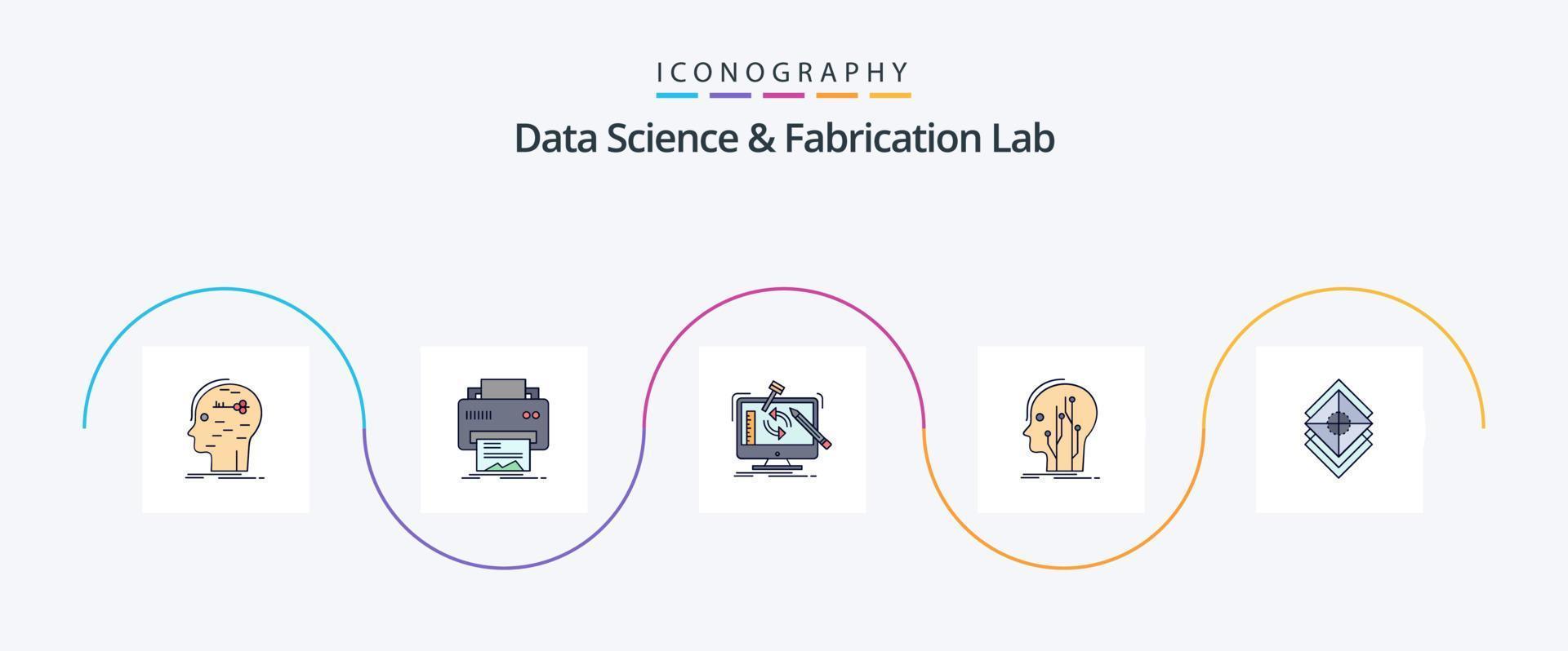 Data Science And Fabrication Lab Line Filled Flat 5 Icon Pack Including human. data. hardware. processing. tools vector