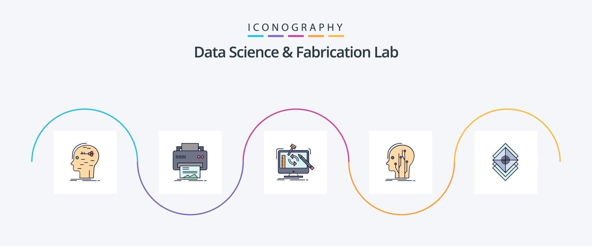 La línea de laboratorio de fabricación y ciencia de datos llenó el paquete de iconos planos 5, incluido el humano. datos. hardware. Procesando. herramientas vector