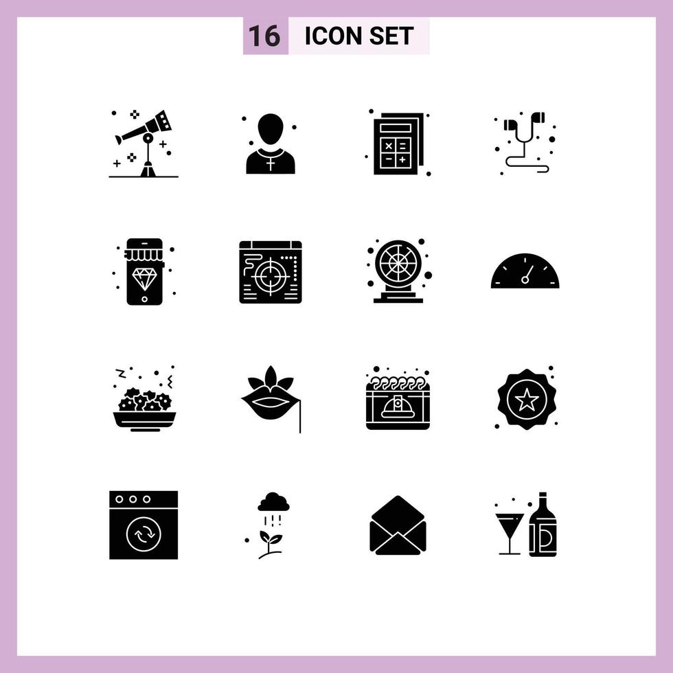 Pack of 16 creative Solid Glyphs of mobile music preacher headset interaction Editable Vector Design Elements
