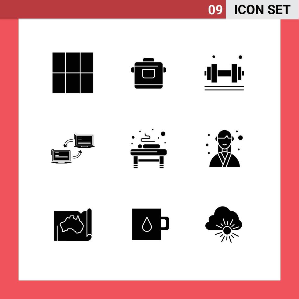 Solid Glyph Pack of 9 Universal Symbols of massage sync exercise network connection Editable Vector Design Elements