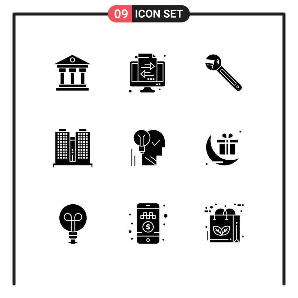 9 Thematic Vector Solid Glyphs and Editable Symbols of creative place wrench office tool Editable Vector Design Elements