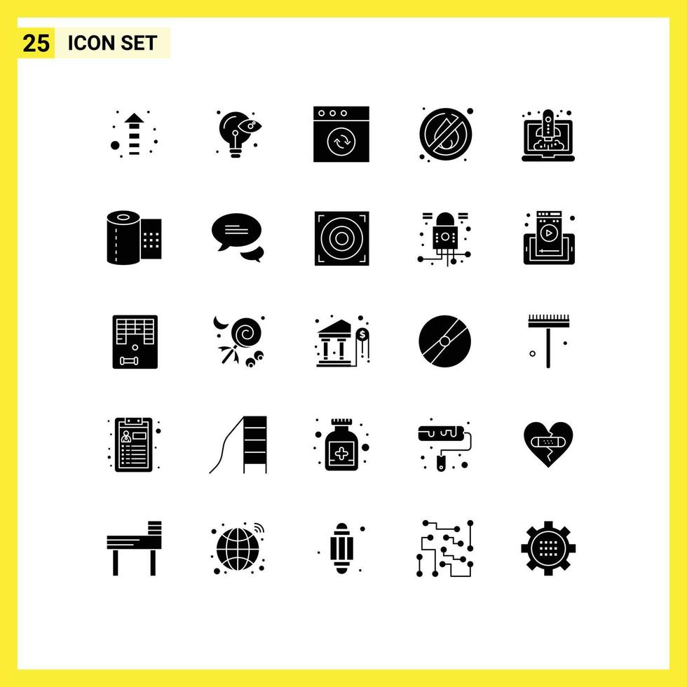 Group of 25 Solid Glyphs Signs and Symbols for bathroom speedup mac launching camping Editable Vector Design Elements