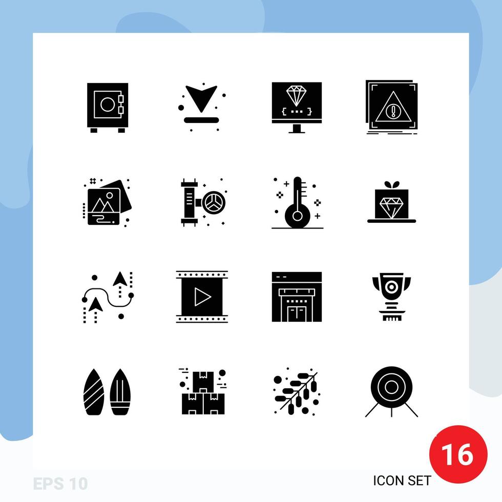 Mobile Interface Solid Glyph Set of 16 Pictograms of image server computer denied error Editable Vector Design Elements