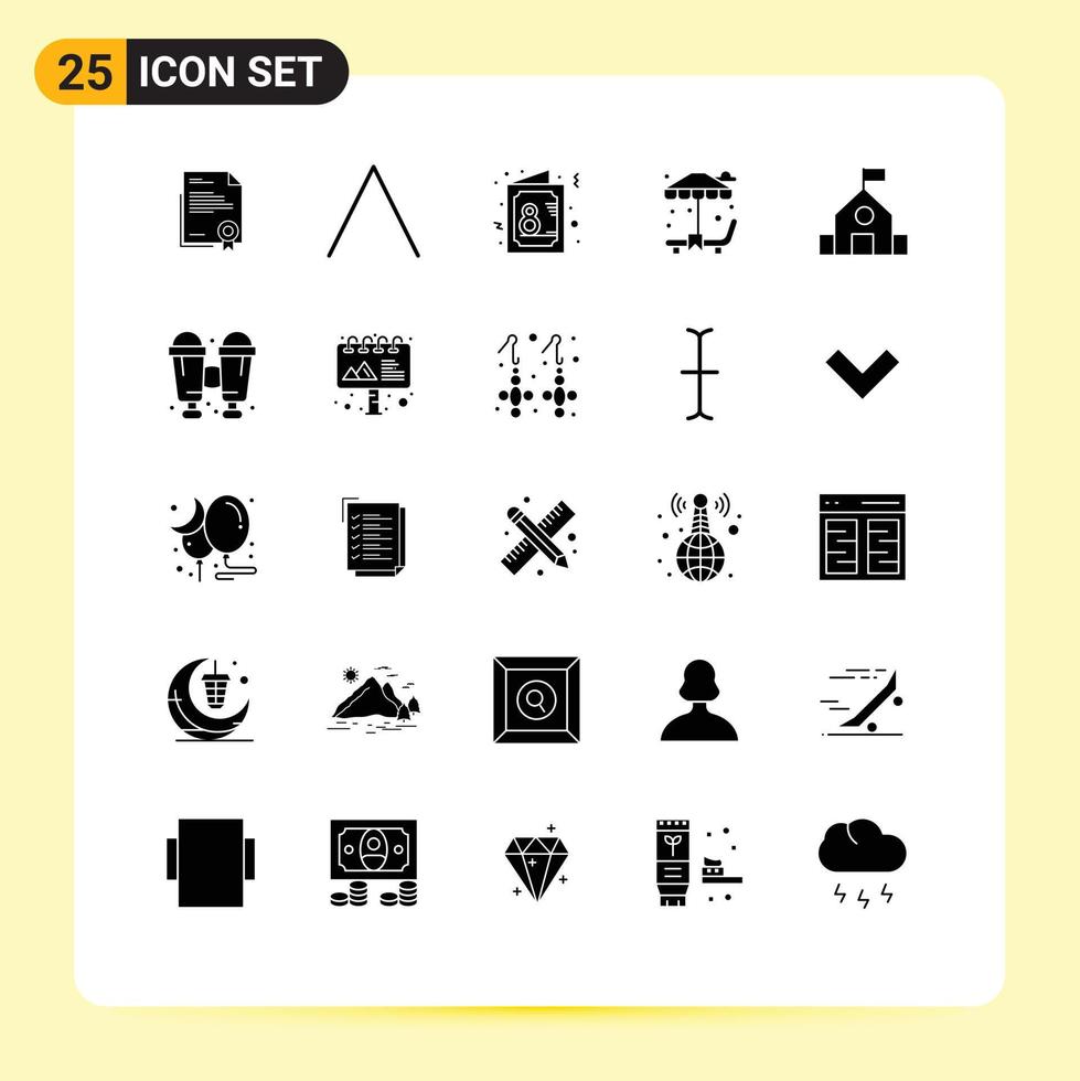 Set of 25 Commercial Solid Glyphs pack for education park up sun bed invite Editable Vector Design Elements