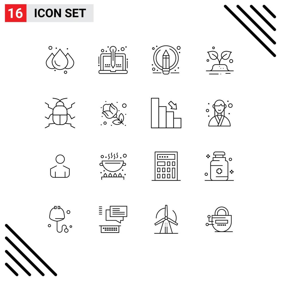 Set of 16 Modern UI Icons Symbols Signs for bug save writing world green Editable Vector Design Elements